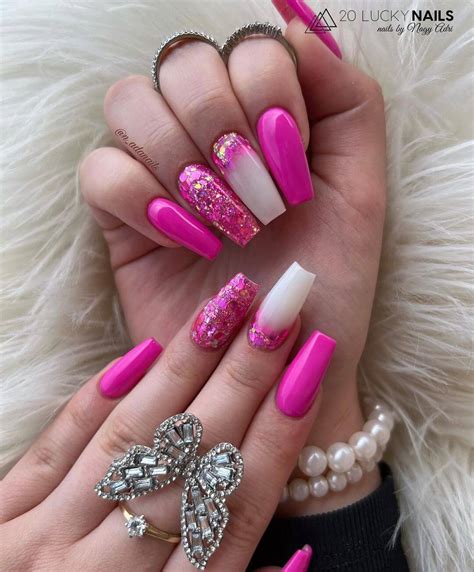 pink glitter nails with white tips|bright pink nails with glitter.